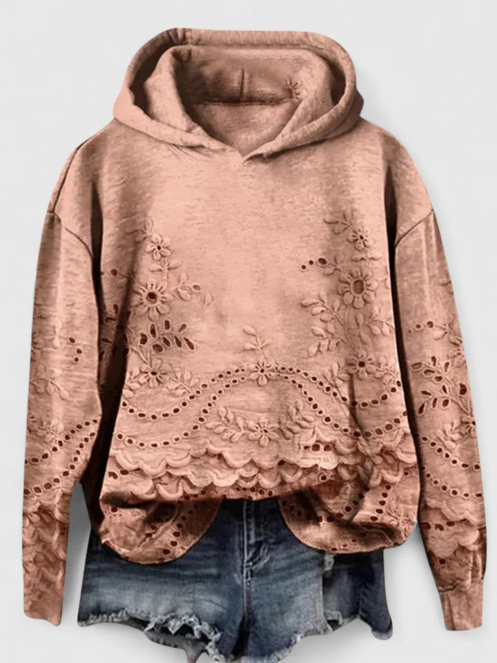 Comfortable Floral Eyelet Cropped Hoodie for Women with Hood Long Sleeve Scalloped High Low Hem Boho Style