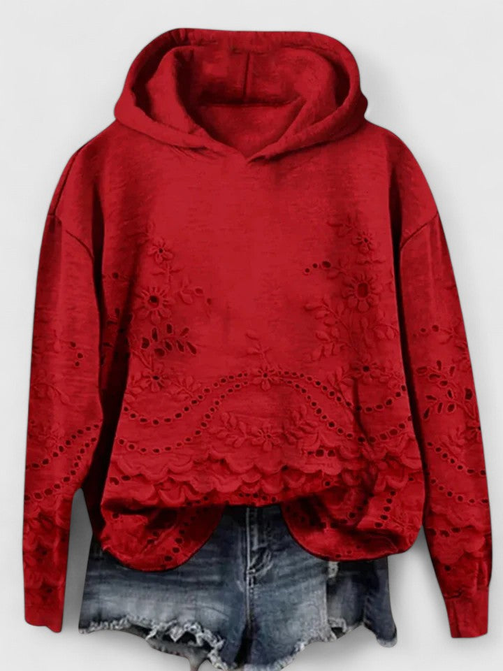 Comfortable Floral Eyelet Cropped Hoodie for Women with Hood Long Sleeve Scalloped High Low Hem Boho Style