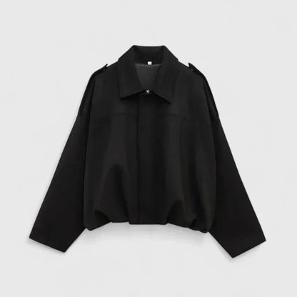 Effortless Faux Suede Cropped Jacket for Women with Point Collar Long Sleeve Oversized Bubble Hem Casual Style