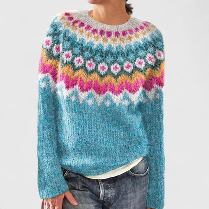 Comfortable Fair Isle Sweater for Women with Crew Neck Long Sleeve Relaxed Oversized Knit Style