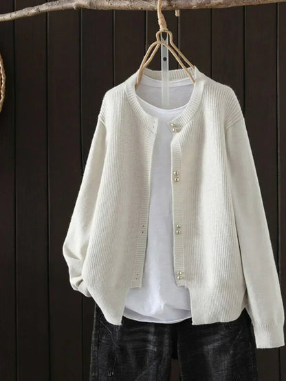 Comfortable Ribbed Cardigan Sweater for Women with Round Neck Long Sleeve Pearl Button Relaxed Oversized Style