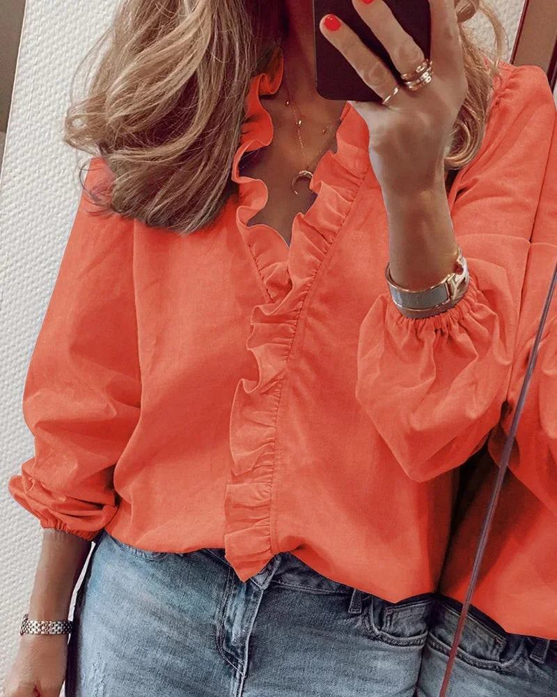 Effortless Ruffle Trim Blouse for Women with V Neck Balloon Sleeve Relaxed Flowing Style
