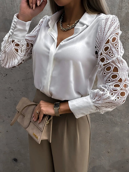 Elegant Satin Blouse for Women with Collar Long Sleeve Crochet Lace Cutout Silky Style