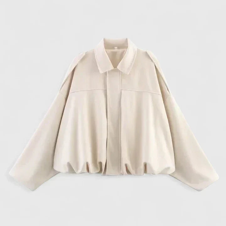 Effortless Faux Suede Cropped Jacket for Women with Point Collar Long Sleeve Oversized Bubble Hem Casual Style