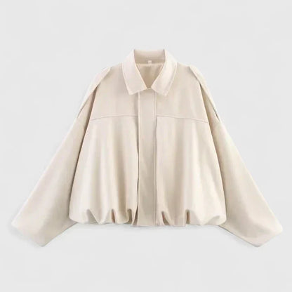 Effortless Faux Suede Cropped Jacket for Women with Point Collar Long Sleeve Oversized Bubble Hem Casual Style