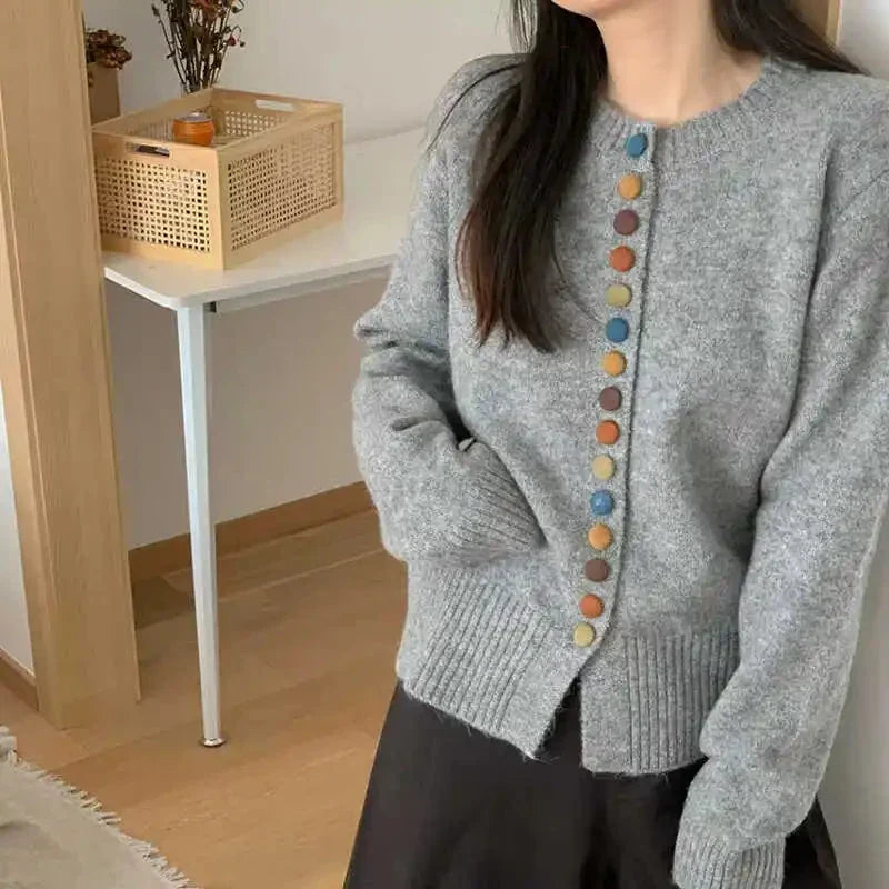 Comfortable Rainbow Button Cardigan Sweater for Women with Round Neck Long Sleeve Cropped Ribbed Knit Style