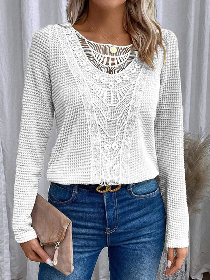 Effortless Crochet Lace Waffle Knit Blouse for Women with Round Neck Long Sleeve Relaxed Boho Style
