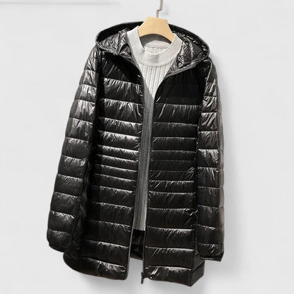 Effortless Quilted Puffer Jacket for Women with Hooded Long Sleeve Zip Front Longline Casual Style