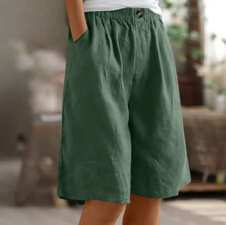 Effortless Olive Green Linen Shorts for Women with Elastic Waist Wide Leg Relaxed Casual Style