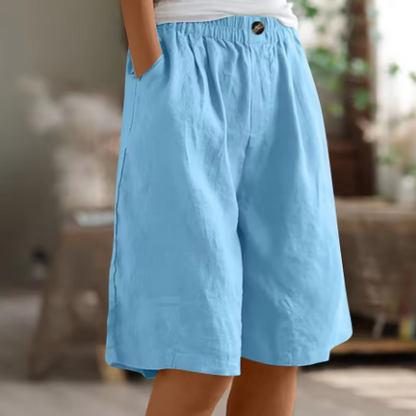 Effortless Olive Green Linen Shorts for Women with Elastic Waist Wide Leg Relaxed Casual Style