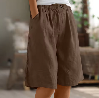 Effortless Olive Green Linen Shorts for Women with Elastic Waist Wide Leg Relaxed Casual Style