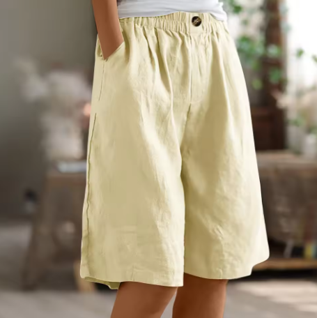 Effortless Olive Green Linen Shorts for Women with Elastic Waist Wide Leg Relaxed Casual Style