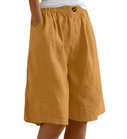 Effortless Olive Green Linen Shorts for Women with Elastic Waist Wide Leg Relaxed Casual Style