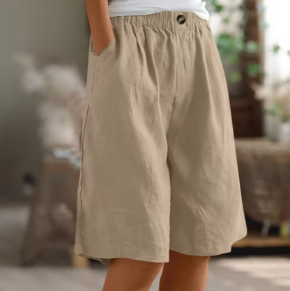 Effortless Olive Green Linen Shorts for Women with Elastic Waist Wide Leg Relaxed Casual Style