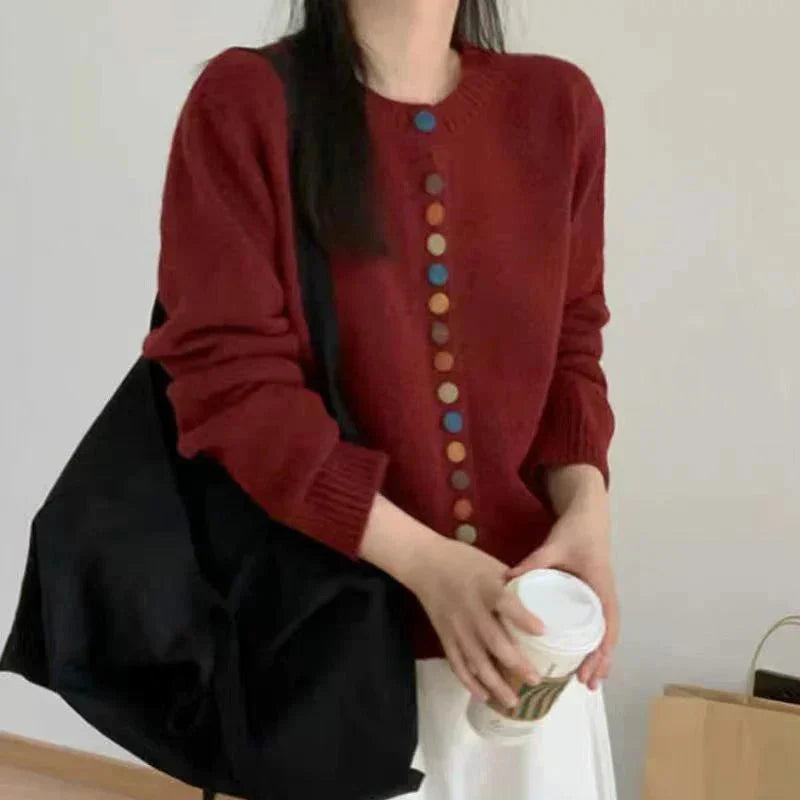 Comfortable Rainbow Button Cardigan Sweater for Women with Round Neck Long Sleeve Cropped Ribbed Knit Style