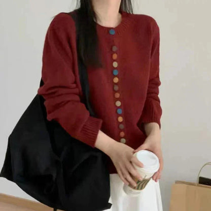 Comfortable Rainbow Button Cardigan Sweater for Women with Round Neck Long Sleeve Cropped Ribbed Knit Style