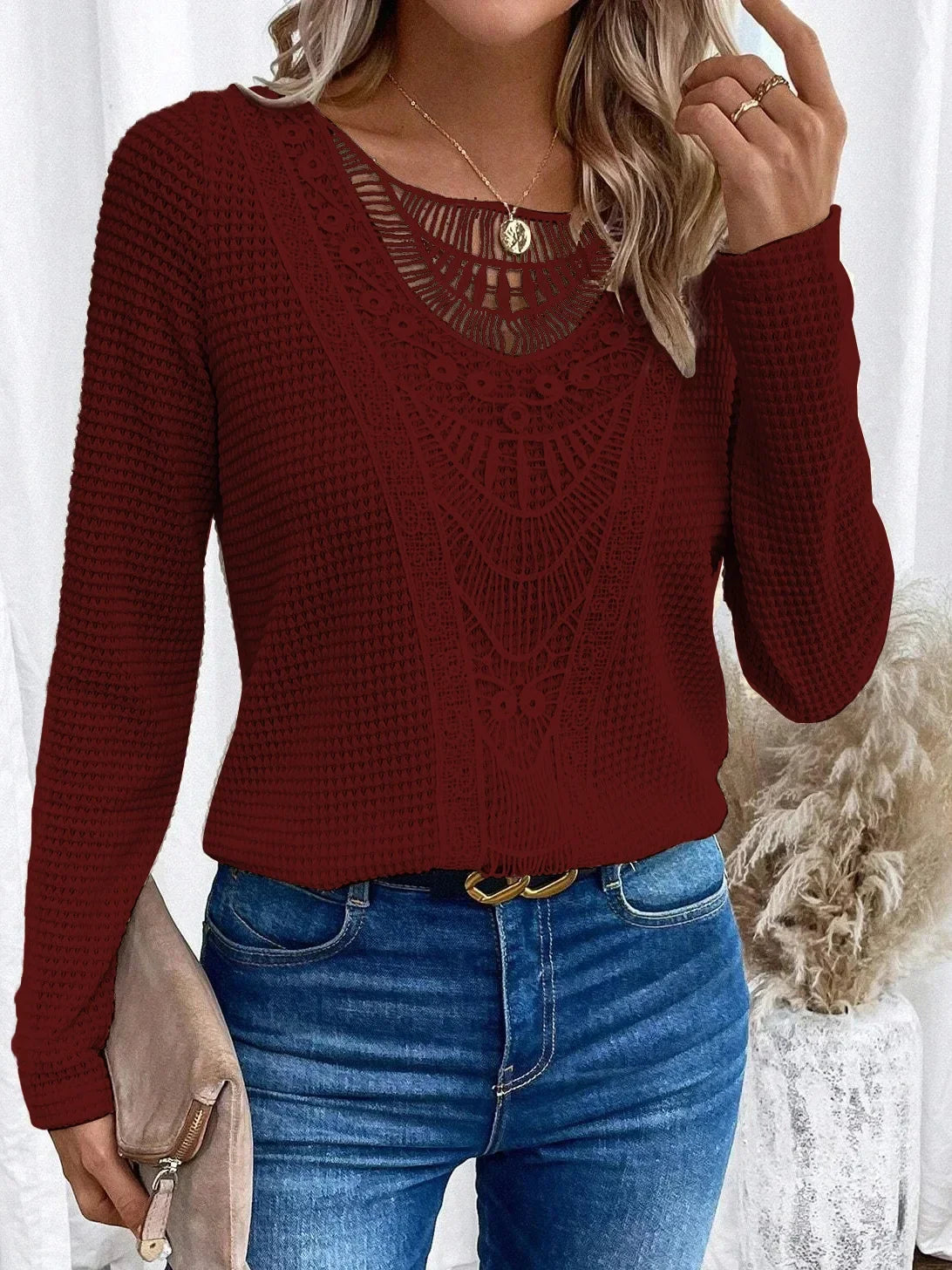 Effortless Crochet Lace Waffle Knit Blouse for Women with Round Neck Long Sleeve Relaxed Boho Style