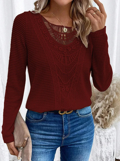 Effortless Crochet Lace Waffle Knit Blouse for Women with Round Neck Long Sleeve Relaxed Boho Style