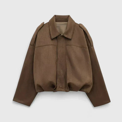 Effortless Faux Suede Cropped Jacket for Women with Point Collar Long Sleeve Oversized Bubble Hem Casual Style