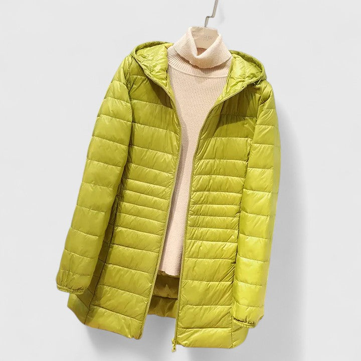 Effortless Quilted Puffer Jacket for Women with Hooded Long Sleeve Zip Front Longline Casual Style