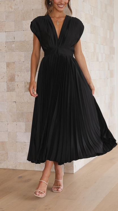 Elegant Pleated Satin Midi Dress for Women with V Neck Cap Sleeve Fitted Waist Flowing Wedding Guest Style