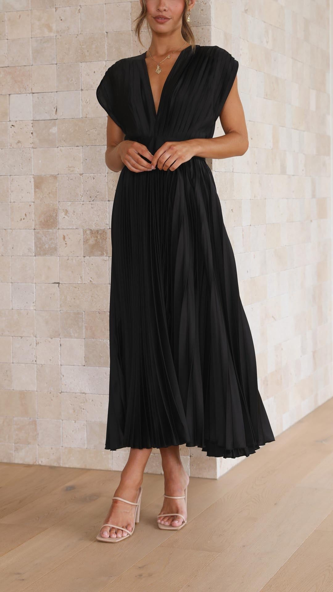 Elegant Pleated Satin Midi Dress for Women with V Neck Cap Sleeve Fitted Waist Flowing Wedding Guest Style