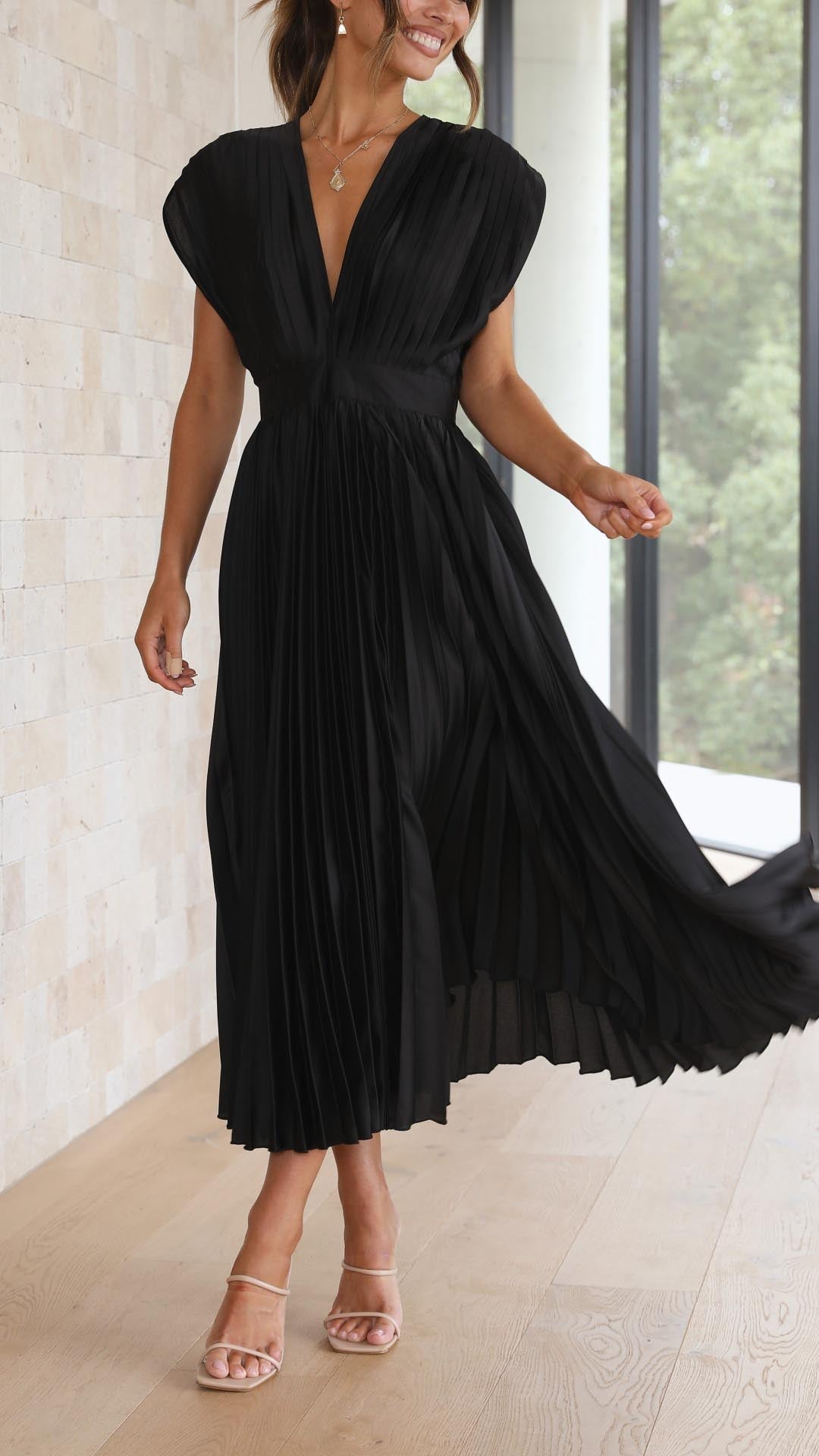 Elegant Pleated Satin Midi Dress for Women with V Neck Cap Sleeve Fitted Waist Flowing Wedding Guest Style
