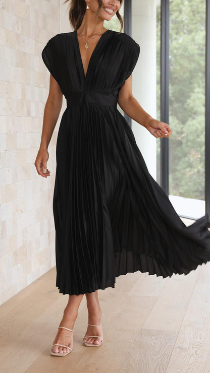 Elegant Pleated Satin Midi Dress for Women with V Neck Cap Sleeve Fitted Waist Flowing Wedding Guest Style