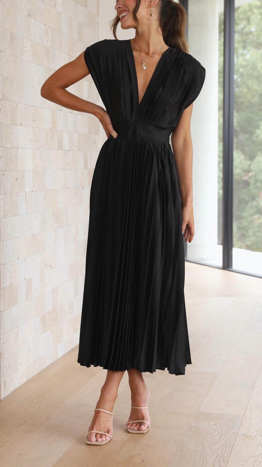 Elegant Pleated Satin Midi Dress for Women with V Neck Cap Sleeve Fitted Waist Flowing Wedding Guest Style