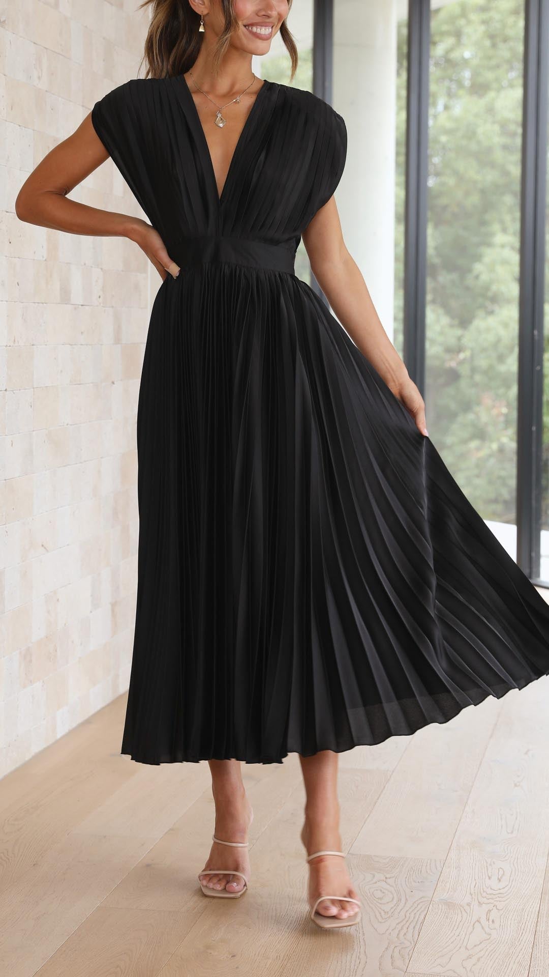 Elegant Pleated Satin Midi Dress for Women with V Neck Cap Sleeve Fitted Waist Flowing Wedding Guest Style