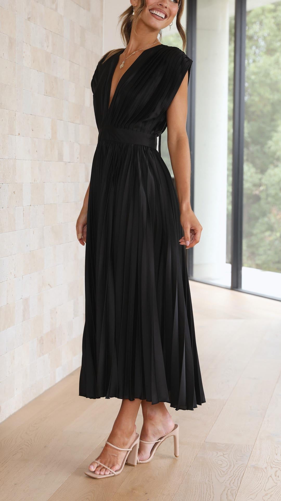 Elegant Pleated Satin Midi Dress for Women with V Neck Cap Sleeve Fitted Waist Flowing Wedding Guest Style