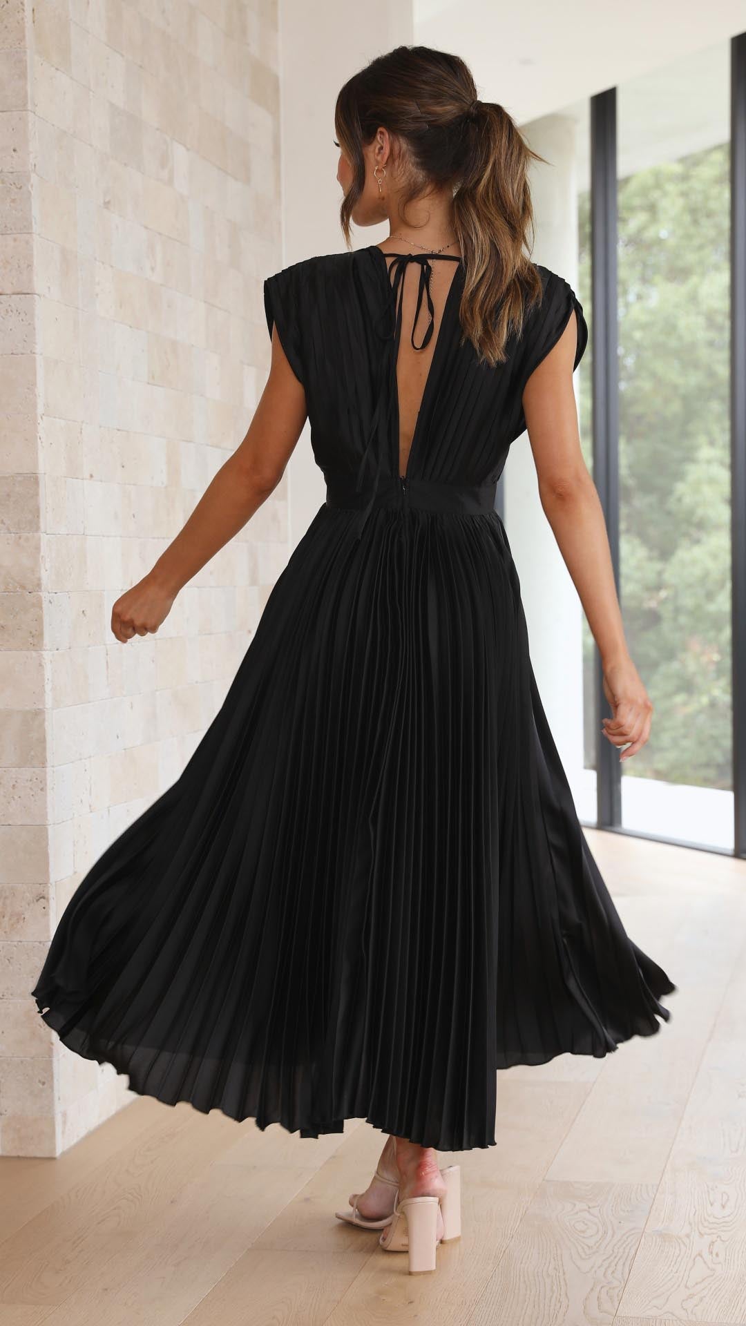 Elegant Pleated Satin Midi Dress for Women with V Neck Cap Sleeve Fitted Waist Flowing Wedding Guest Style