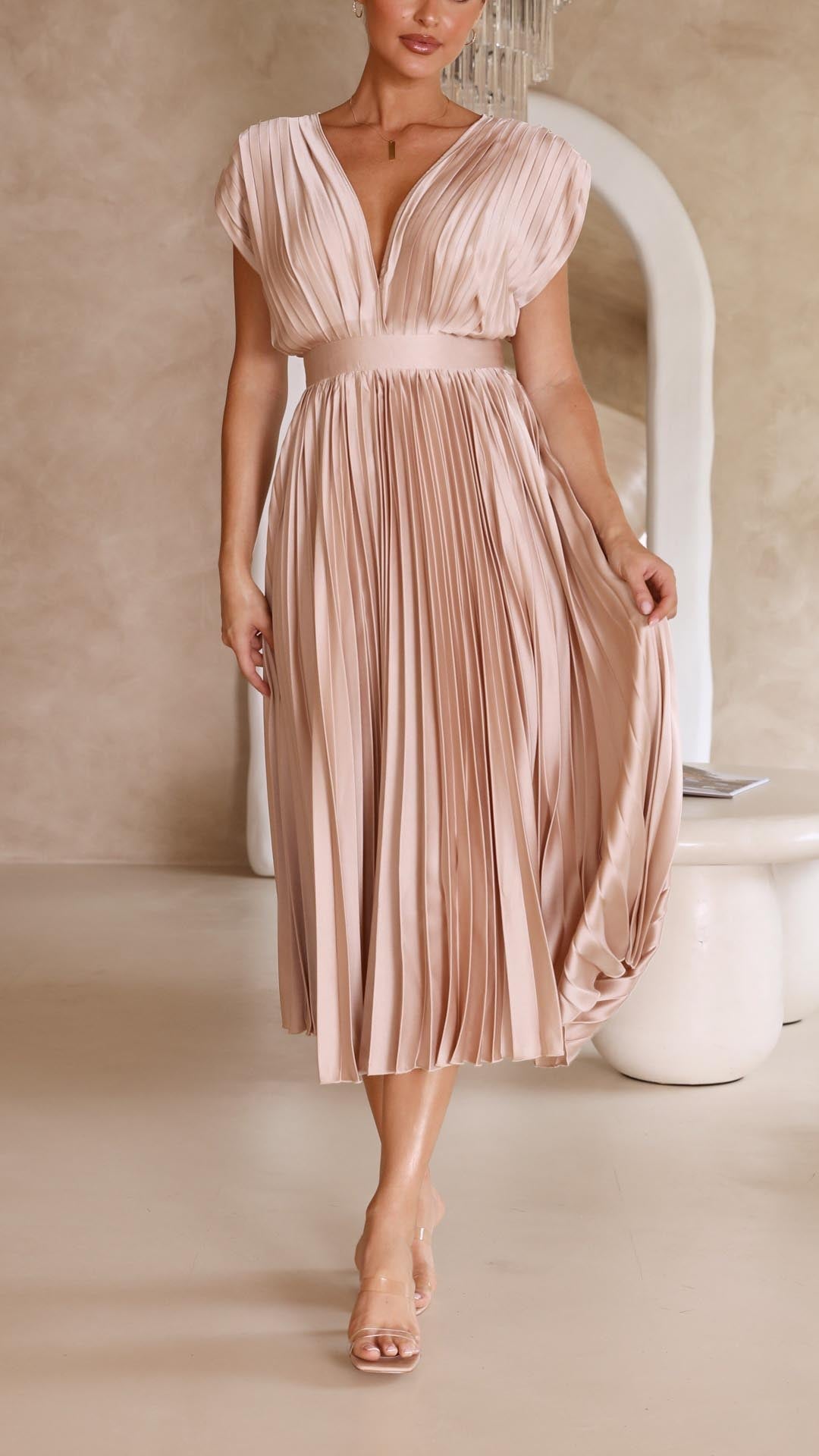 Elegant Pleated Satin Midi Dress for Women with V Neck Cap Sleeve Fitted Waist Flowing Wedding Guest Style