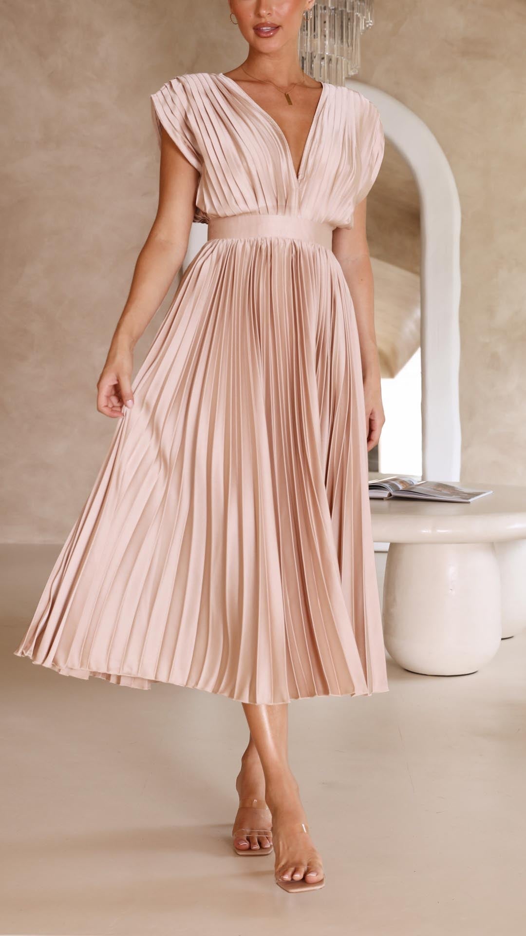 Elegant Pleated Satin Midi Dress for Women with V Neck Cap Sleeve Fitted Waist Flowing Wedding Guest Style
