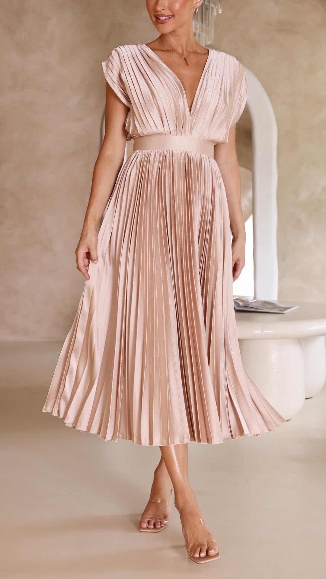 Elegant Pleated Satin Midi Dress for Women with V Neck Cap Sleeve Fitted Waist Flowing Wedding Guest Style