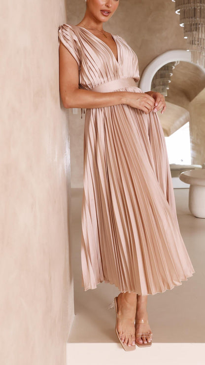Elegant Pleated Satin Midi Dress for Women with V Neck Cap Sleeve Fitted Waist Flowing Wedding Guest Style