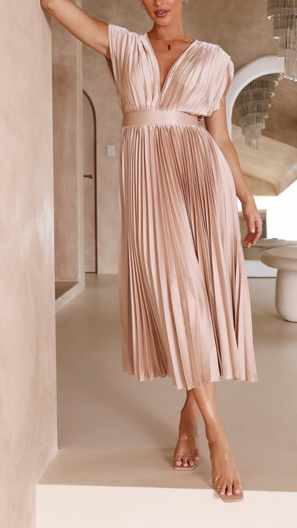 Elegant Pleated Satin Midi Dress for Women with V Neck Cap Sleeve Fitted Waist Flowing Wedding Guest Style