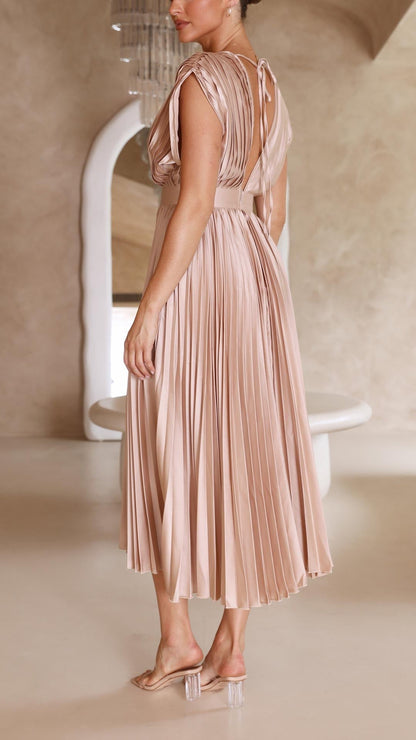 Elegant Pleated Satin Midi Dress for Women with V Neck Cap Sleeve Fitted Waist Flowing Wedding Guest Style