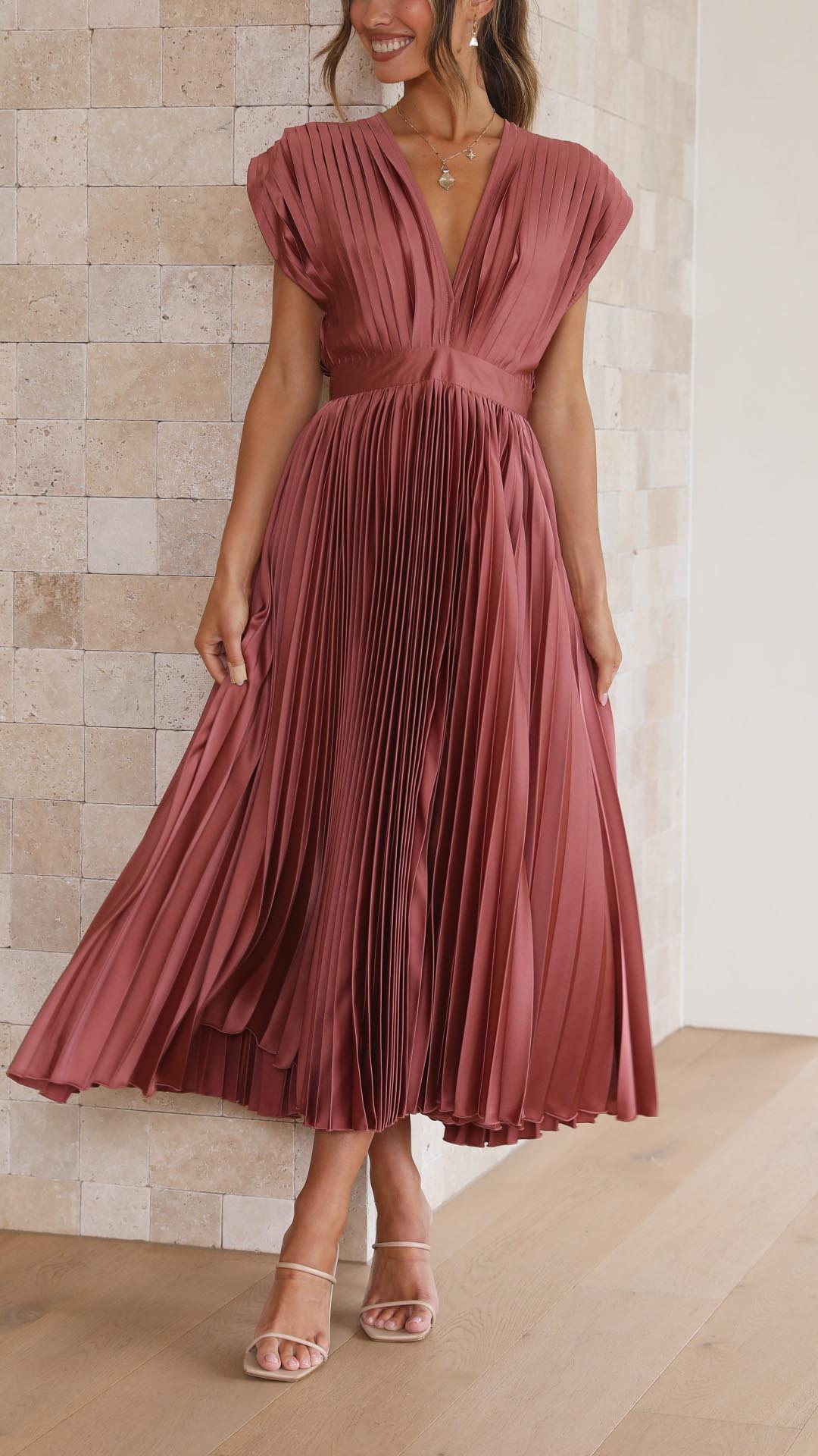 Elegant Pleated Satin Midi Dress for Women with V Neck Cap Sleeve Fitted Waist Flowing Wedding Guest Style