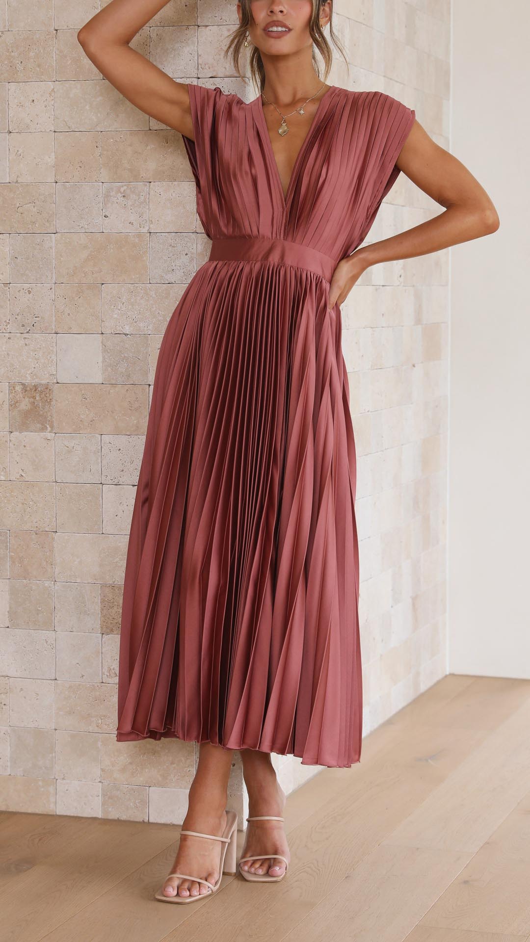 Elegant Pleated Satin Midi Dress for Women with V Neck Cap Sleeve Fitted Waist Flowing Wedding Guest Style
