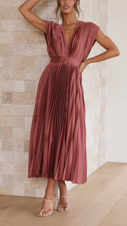 Elegant Pleated Satin Midi Dress for Women with V Neck Cap Sleeve Fitted Waist Flowing Wedding Guest Style