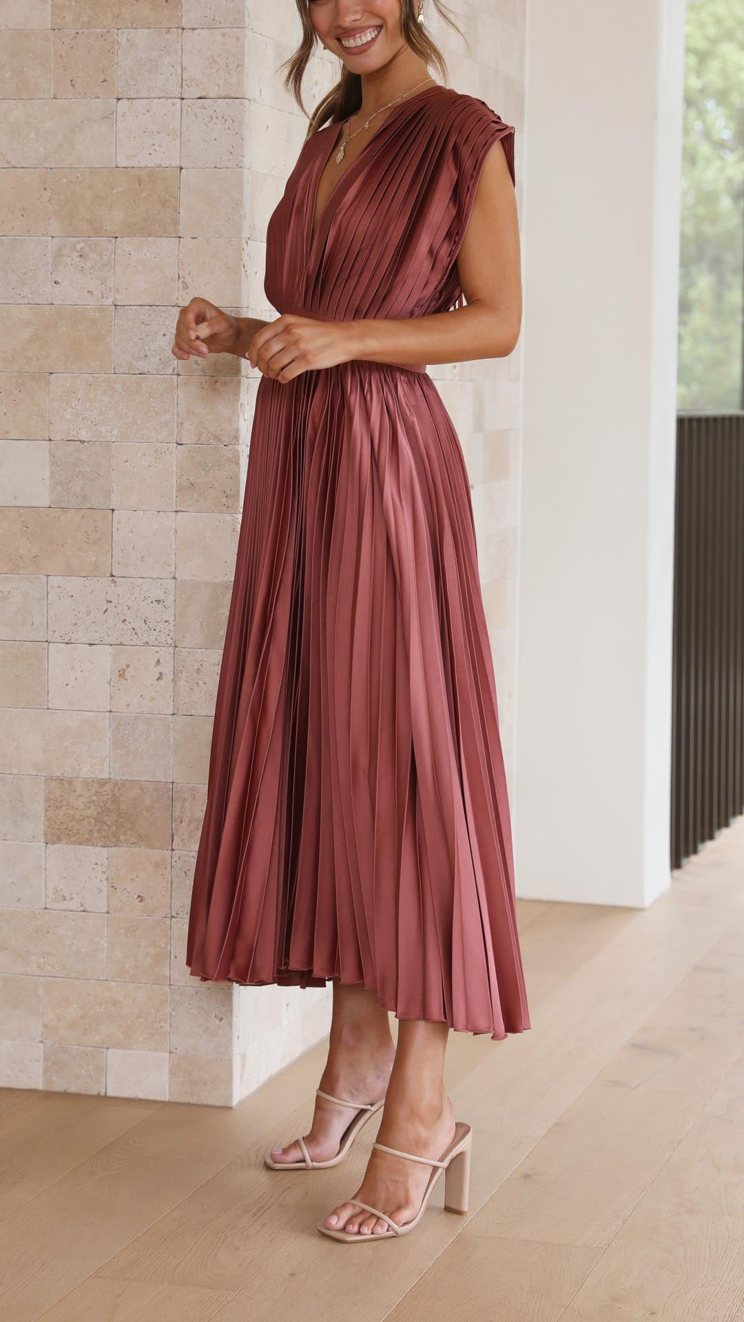 Elegant Pleated Satin Midi Dress for Women with V Neck Cap Sleeve Fitted Waist Flowing Wedding Guest Style