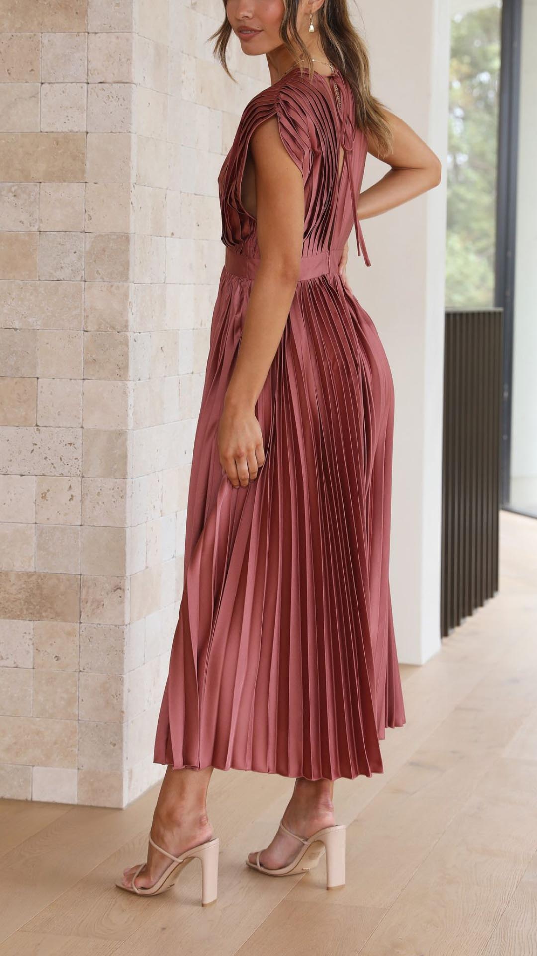 Elegant Pleated Satin Midi Dress for Women with V Neck Cap Sleeve Fitted Waist Flowing Wedding Guest Style