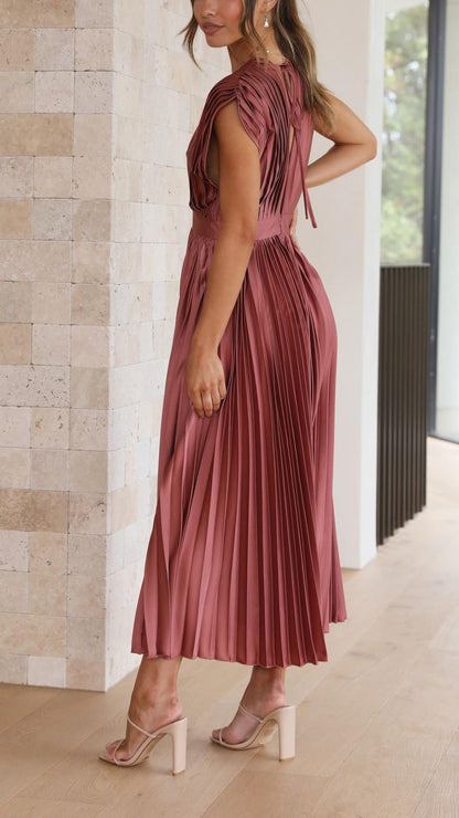 Elegant Pleated Satin Midi Dress for Women with V Neck Cap Sleeve Fitted Waist Flowing Wedding Guest Style