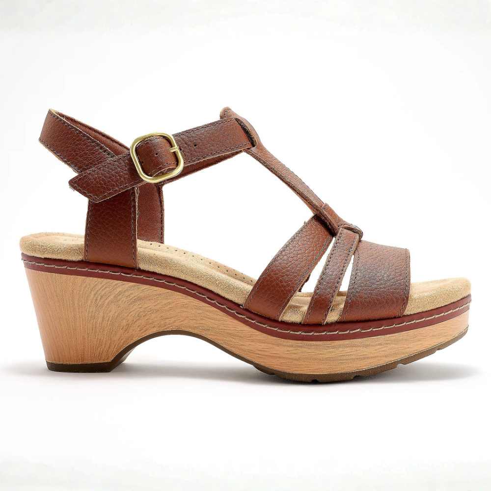 Comfortable Wedge Sandals for Women with T Strap Buckle Ankle Closure Leather Look Open Toe Style