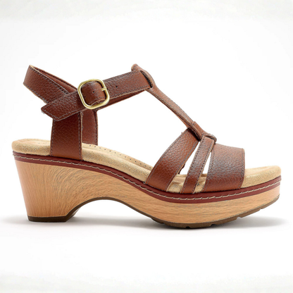 Comfortable Wedge Sandals for Women with T Strap Buckle Ankle Closure Leather Look Open Toe Style