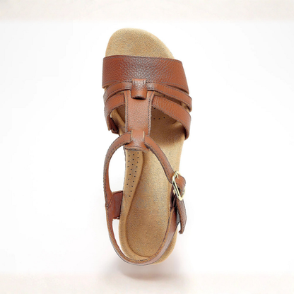 Comfortable Wedge Sandals for Women with T Strap Buckle Ankle Closure Leather Look Open Toe Style