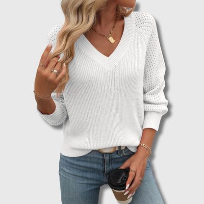 Comfortable Crochet Knit Sweater for Women with V Neck Long Sleeve Openwork Relaxed Knit Style
