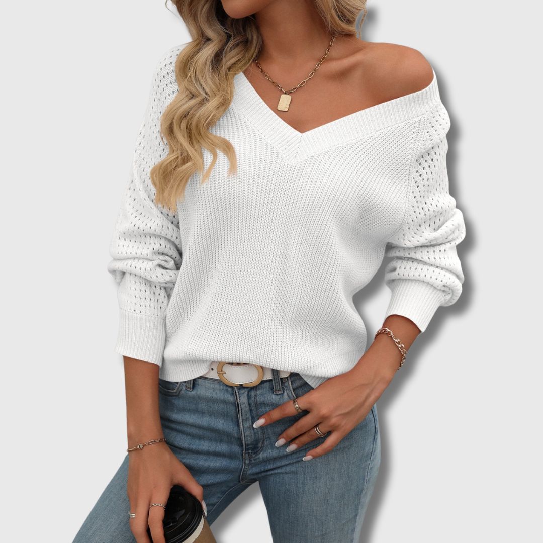 Comfortable Crochet Knit Sweater for Women with V Neck Long Sleeve Openwork Relaxed Knit Style