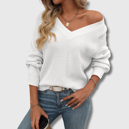 Comfortable Crochet Knit Sweater for Women with V Neck Long Sleeve Openwork Relaxed Knit Style
